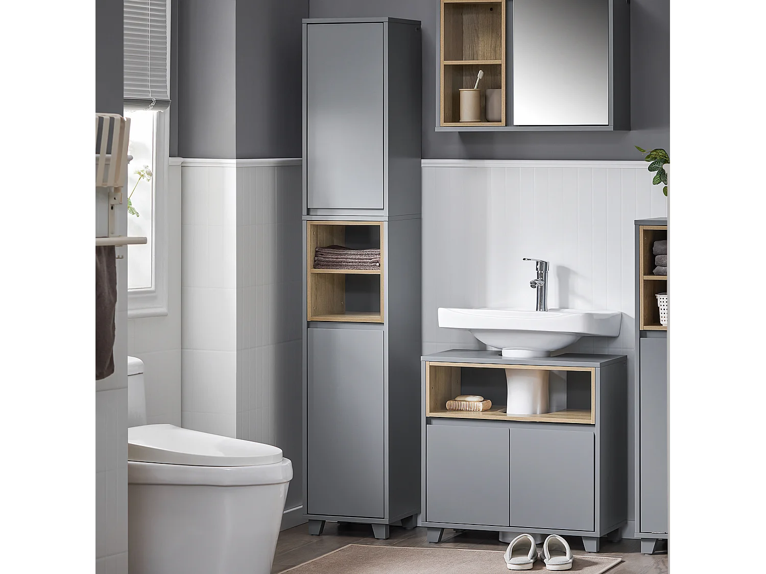 SoBuy BZR147-DG Meuble Colonne Armoire de Salle de Bain Étagère Étroite Meuble de Rangement Salle de Bain avec 2 Portes et 2 Compartiments, 30 x 30 x 170 cm, Gris