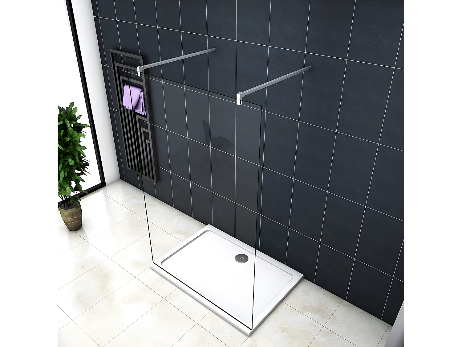 Painel de duche Fixo 1 folha Vidro Anti-calcário 10mm 117x200cm com Duas barras 90cm-AICA