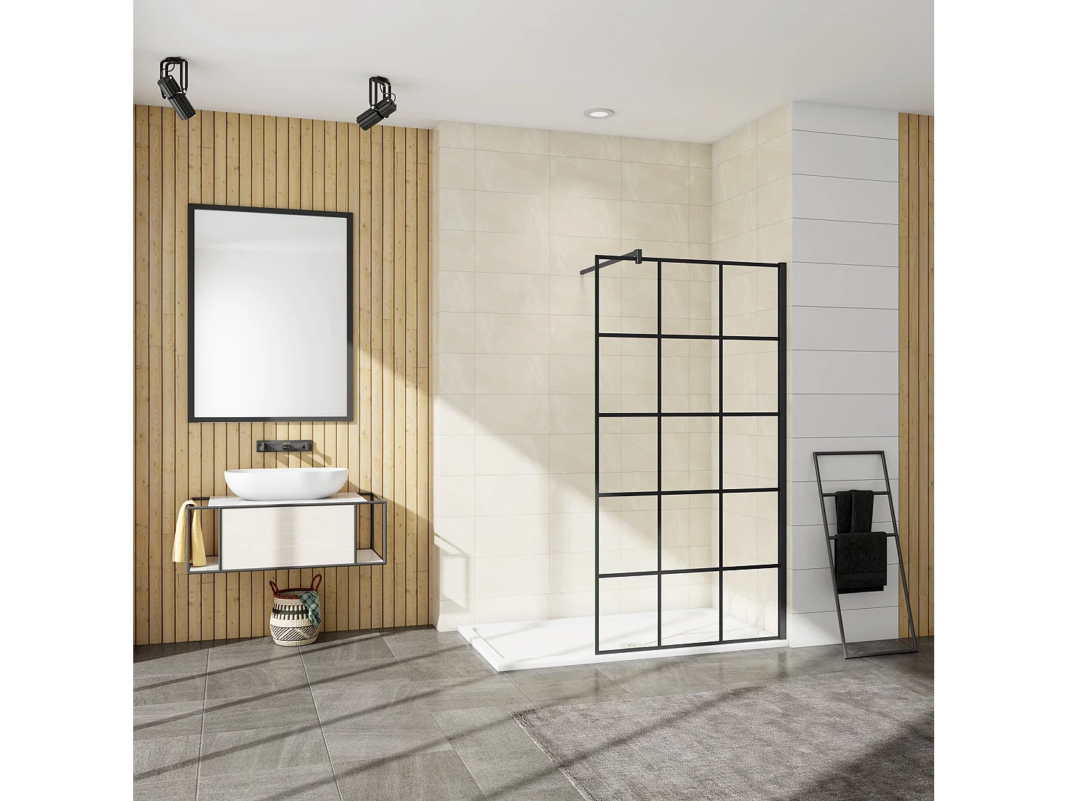 Painel de duche Fixo treliça quadrada serigrafada Vidro Anti-calcário 8mm com Barra 140cm Perfil Preto fosco (98-100)x200cm-AICA