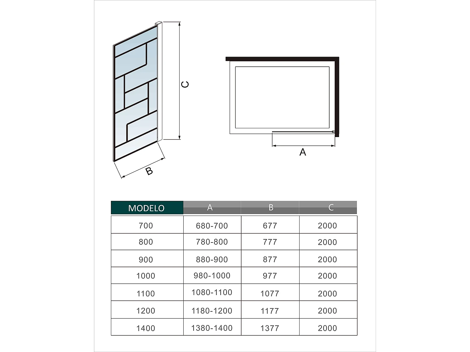 Panel de ducha serigrafiada,vidrio 8mm antical,barra 140cm,perfil negro,(98-100)x200cm