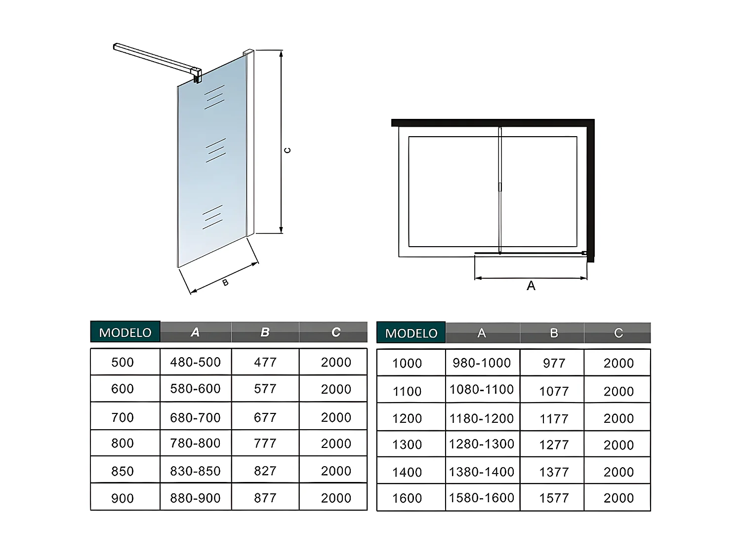 Panel de ducha vidrio 10mm antical,barra de 90cm perfil cromado (108-110)x200cm
