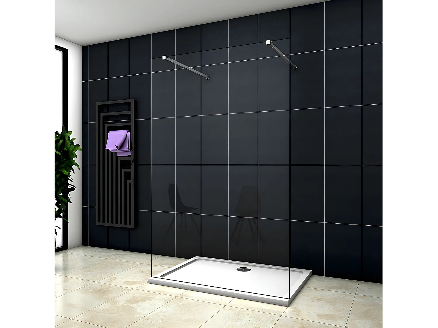 Painel de duche Fixo 1 folha Vidro Anti-calcário 8mm 127x200cm com Duas barras ajustáveis 73-120cm-AICA