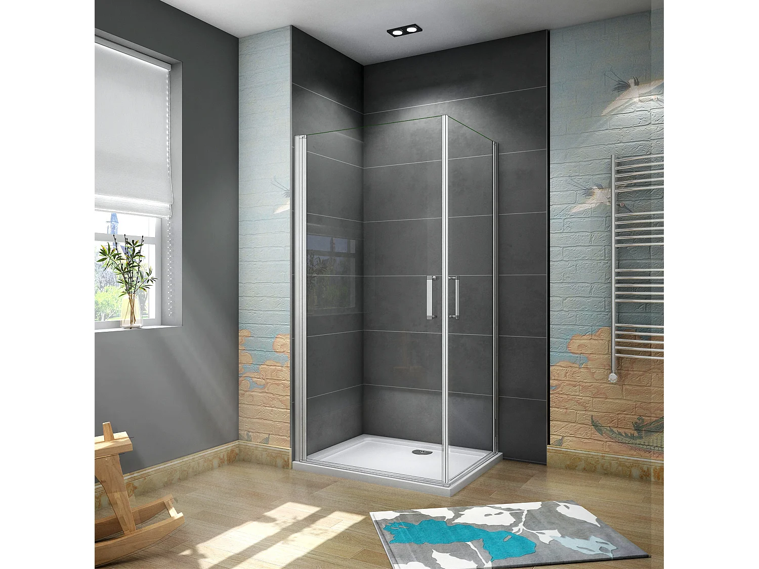 AICA Mampara de ducha rectangular abatible giratoria,perfil blanco,vidrio 5mm,900x700x1850mm