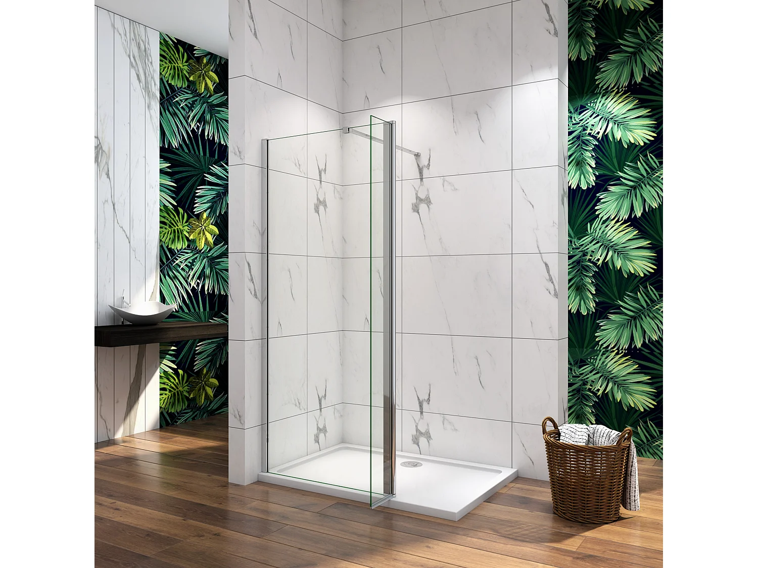 Painel de duche Fixo 2 folhas Painel fixo+giratório Vidro Anti-calcário 8mm com uma Barra Fixa de 90cm Perfil cromado ([93.9-95.9]+30)x190cm-AICA