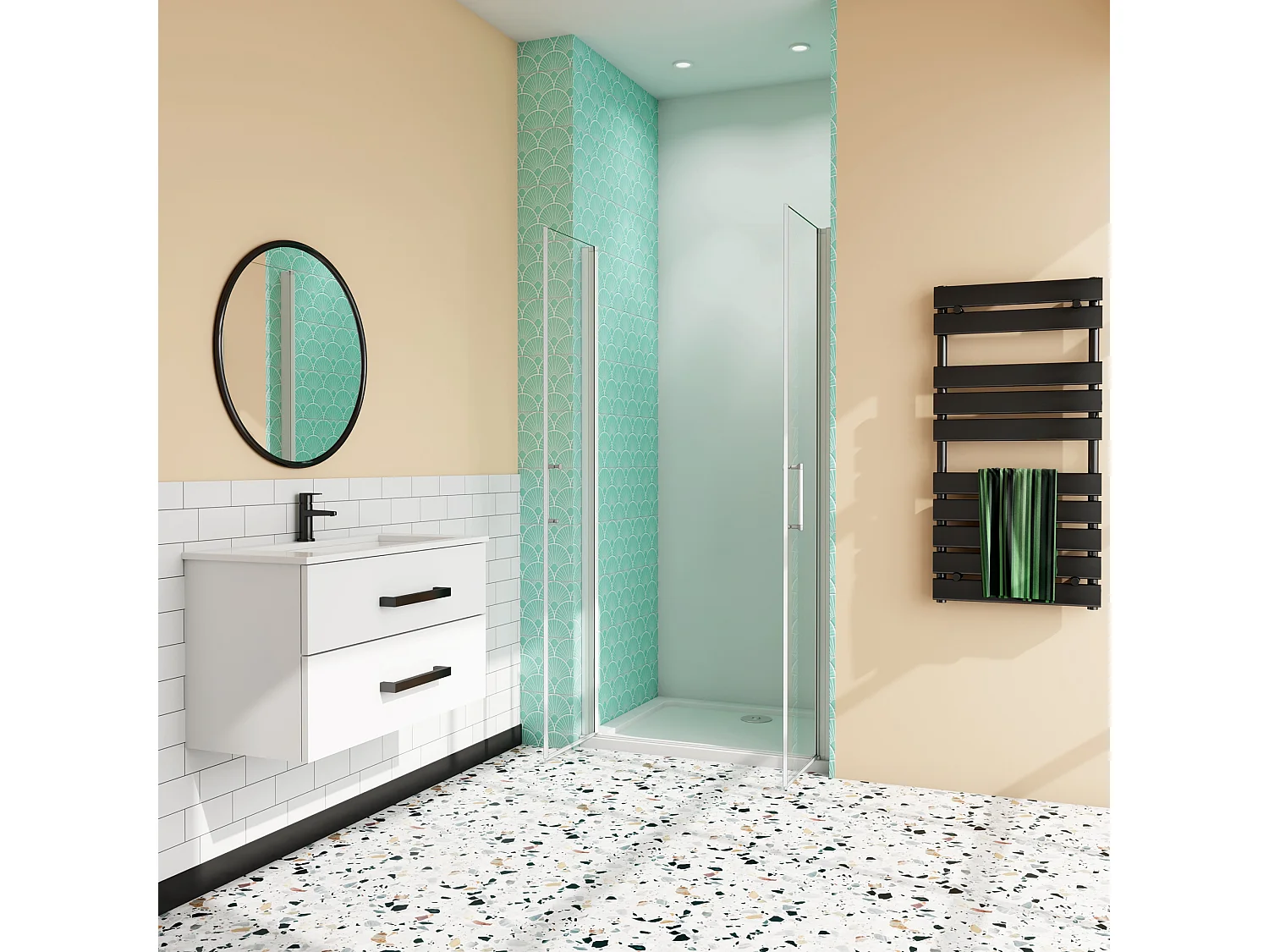 Mampara de ducha abatible dos hojas,perfil blanco/gris mate,vidrio 5mm,(910-950)x1850mm