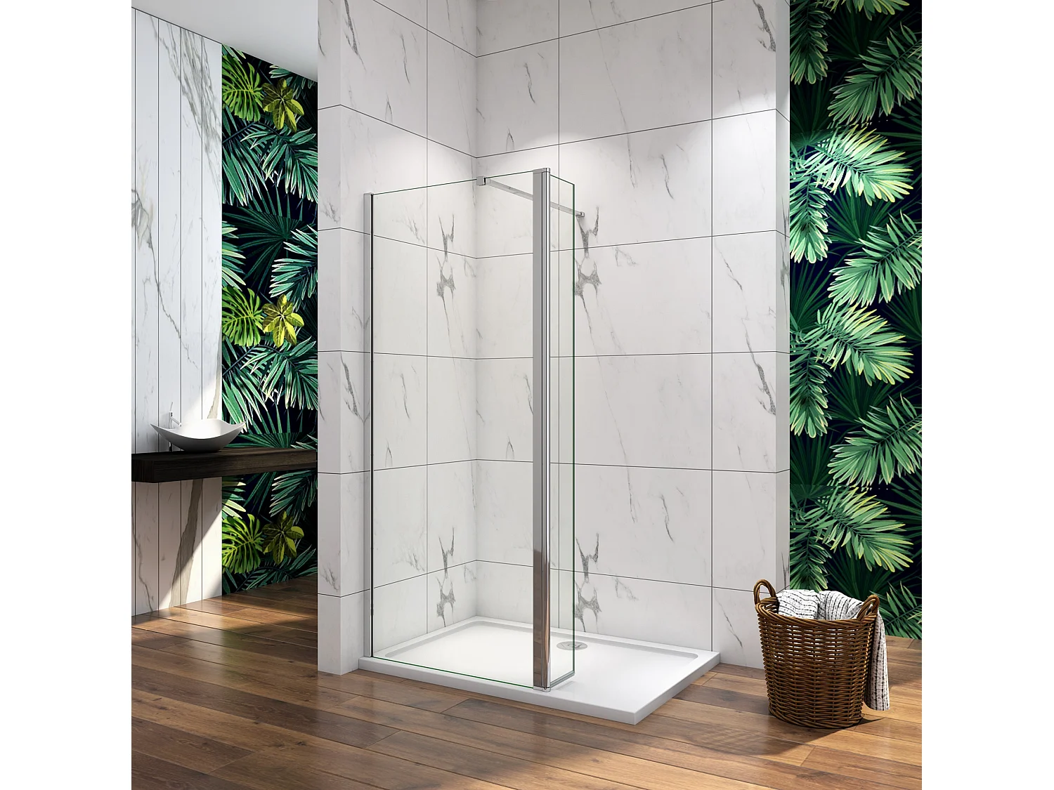 Painel de duche Fixo 2 folhas Painel fixo+giratório Vidro Anti-calcário 8mm com uma Barra Fixa de 90cm Perfil cromado ([73.9-75.9]+30)x190cm-AICA