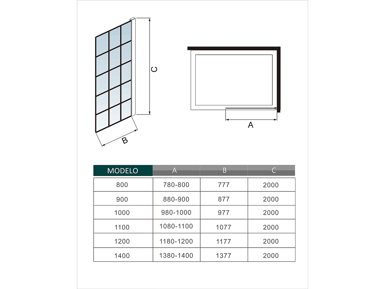 Painel de duche Fixo treliça quadrada serigrafada Vidro Anti-calcário 8mm com Barra 73-120cm Perfil Preto fosco (78-80)x200cm-AICA