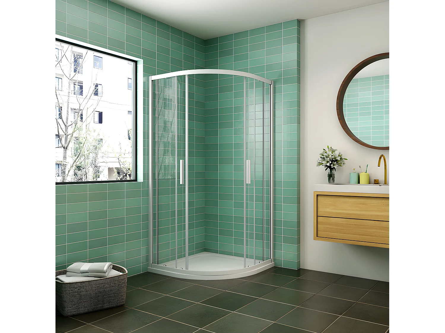 Cabine de duche 1/4 círculo correr Perfil cinza fosco Vidro temperado 5mm (780-800)x(1180-1200)x1850mm-AICA