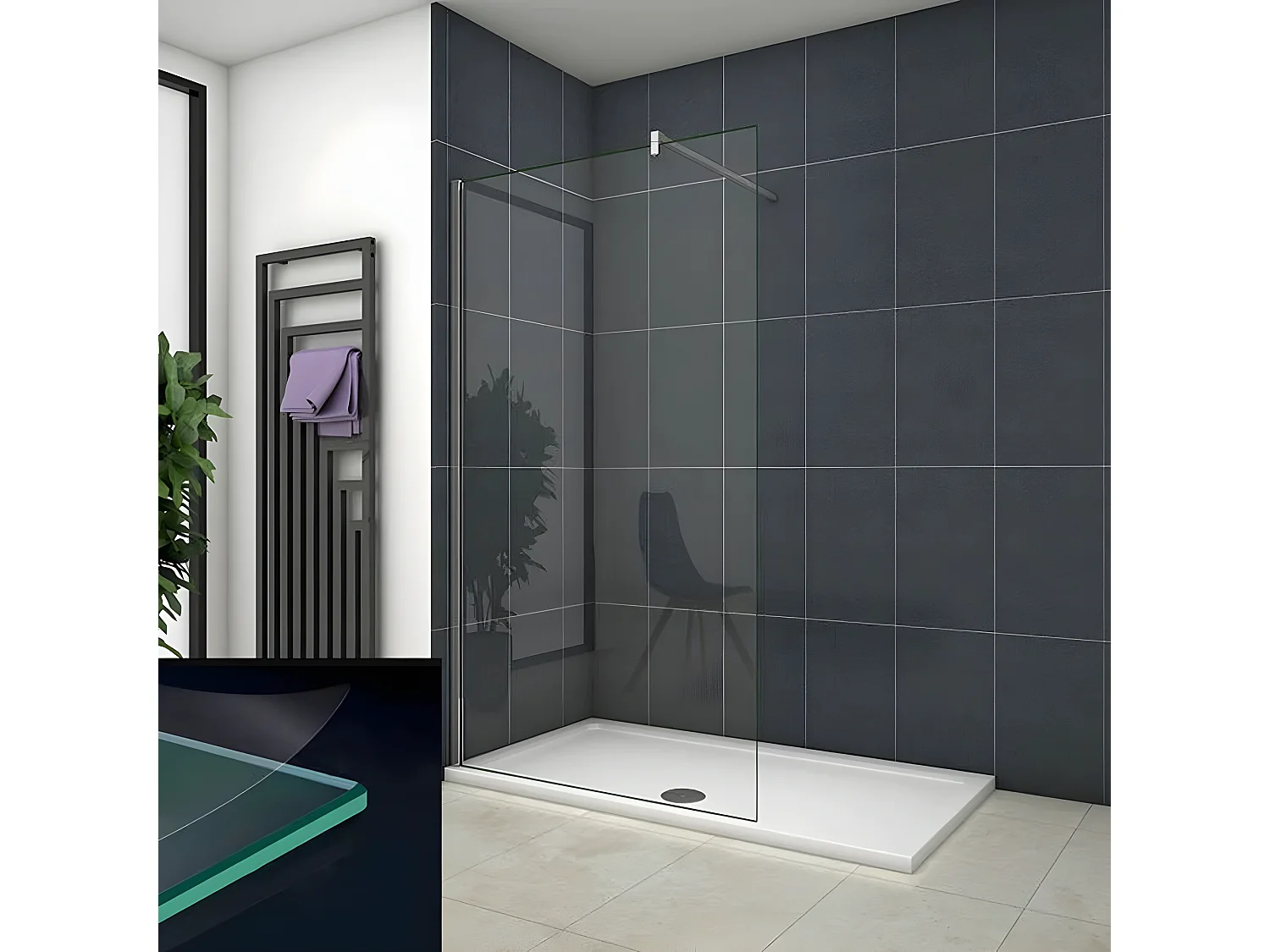 Panel de ducha vidrio 8mm antical con una barra de 90cm perfil cromado (108-110)x200cm