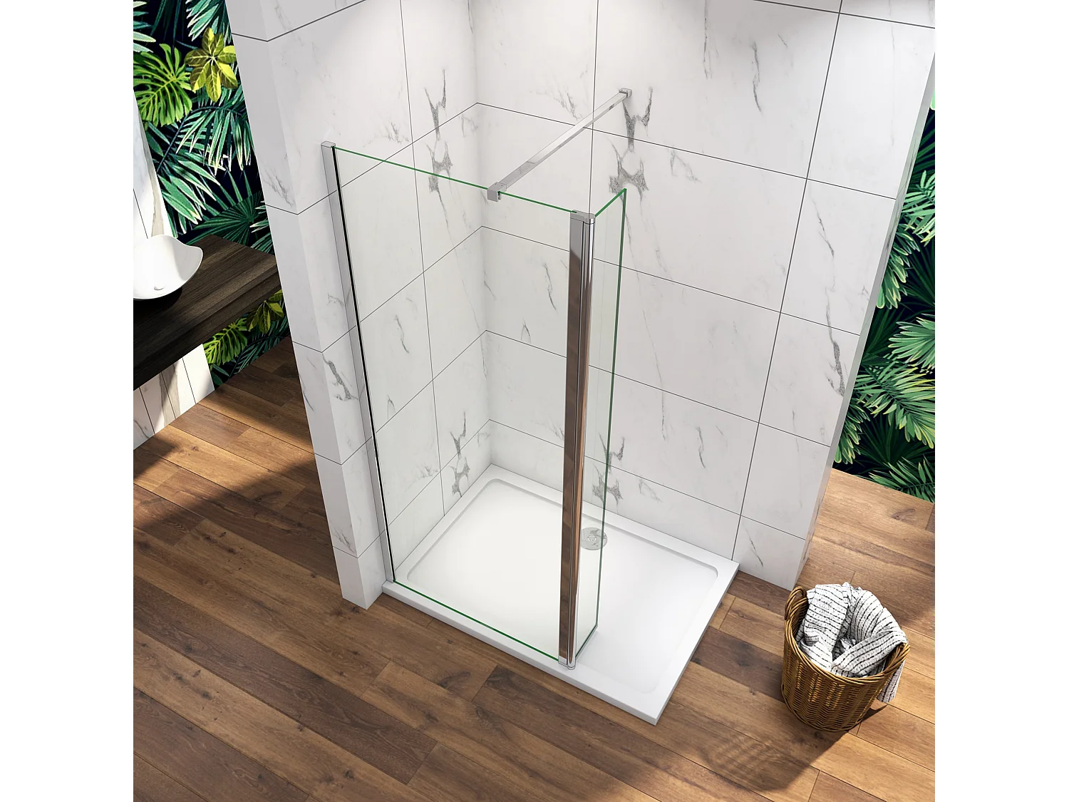 Painel de duche Fixo 2 folhas Painel fixo+giratório Vidro Anti-calcário 8mm com uma Barra Fixa de 90cm Perfil cromado ([123.9-125.9]+30)x190cm-AICA