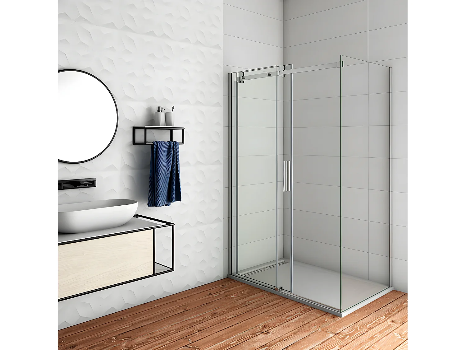 Porta de duche correr frontal e um Painel lateral Perfil cromado Vidro temperado 8mm Anticalcário (1575-1595)x(983-1003)x1950mm-AICA