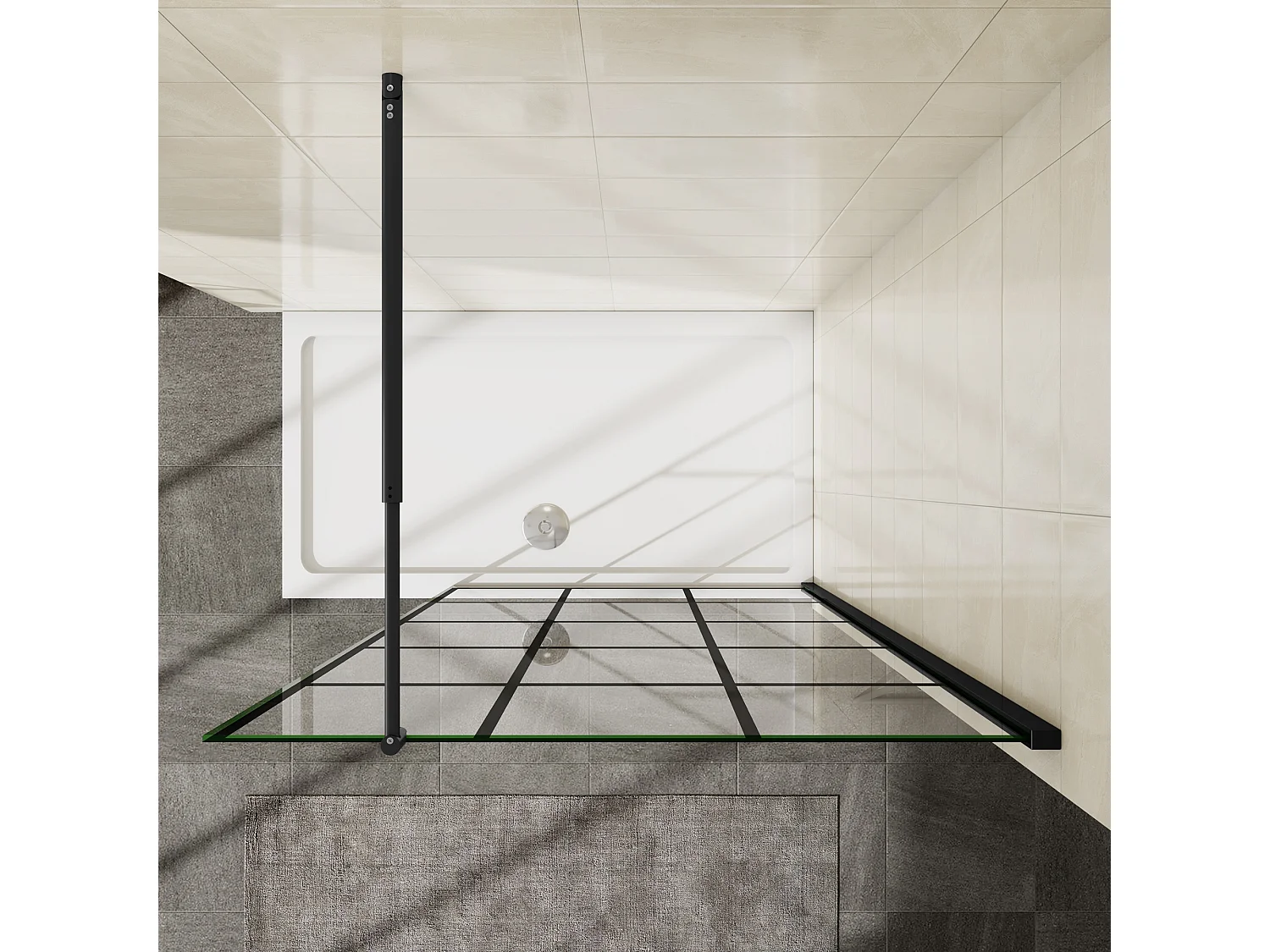 Painel de duche Fixo treliça quadrada serigrafada Vidro Anti-calcário 8mm com Barra 70-120cm Perfil Preto fosco (88-90)x200cm-AICA