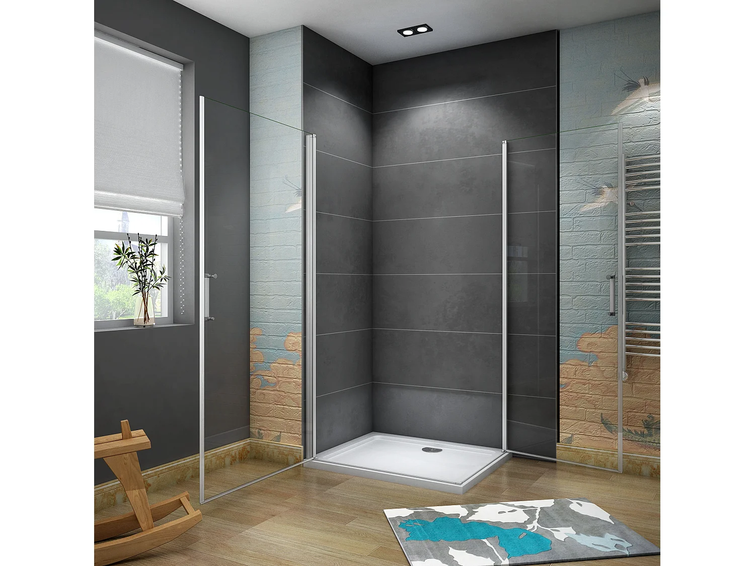 Mampara de ducha rectangular abatible giratoria,perfil blanco,vidrio 5mm,1000x900x1850mm