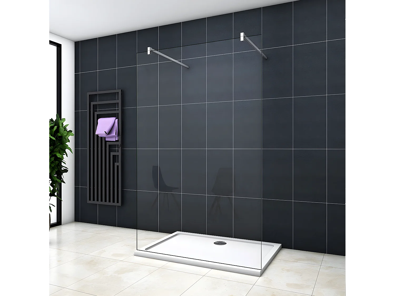 Painel de duche Fixo 1 folha Vidro Anti-calcário 10mm 87x200cm com Duas barras 140cm-AICA