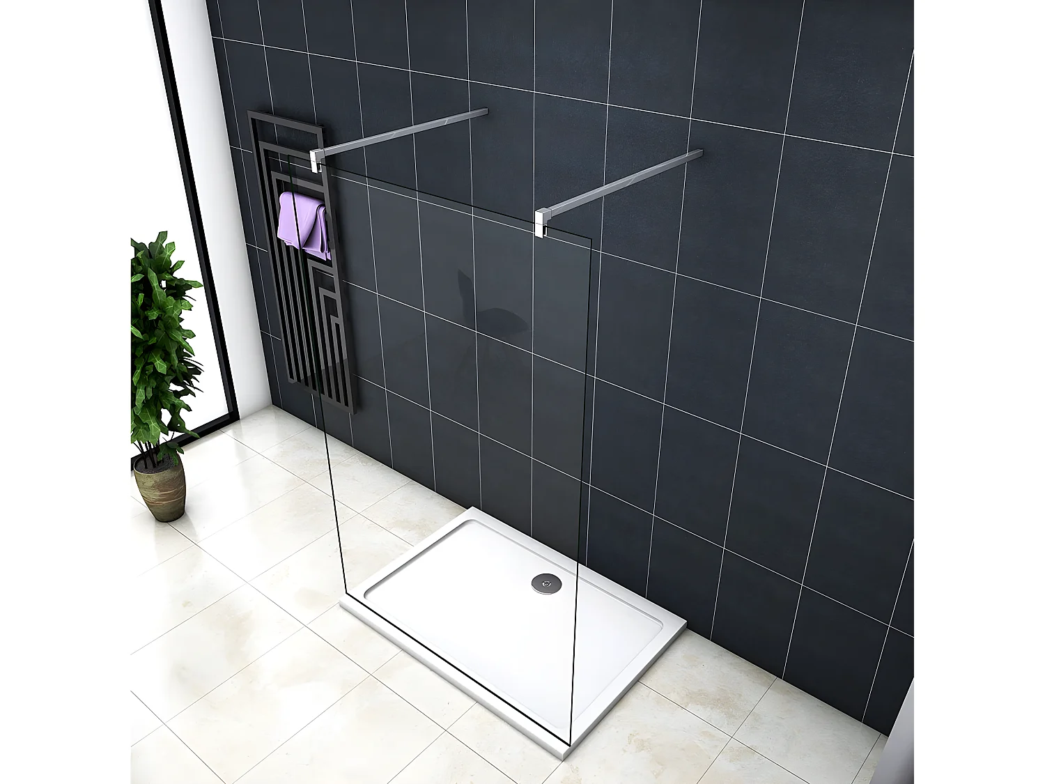 Painel de duche Fixo 1 folha Vidro Anti-calcário 10mm 87x200cm com Duas barras 140cm-AICA