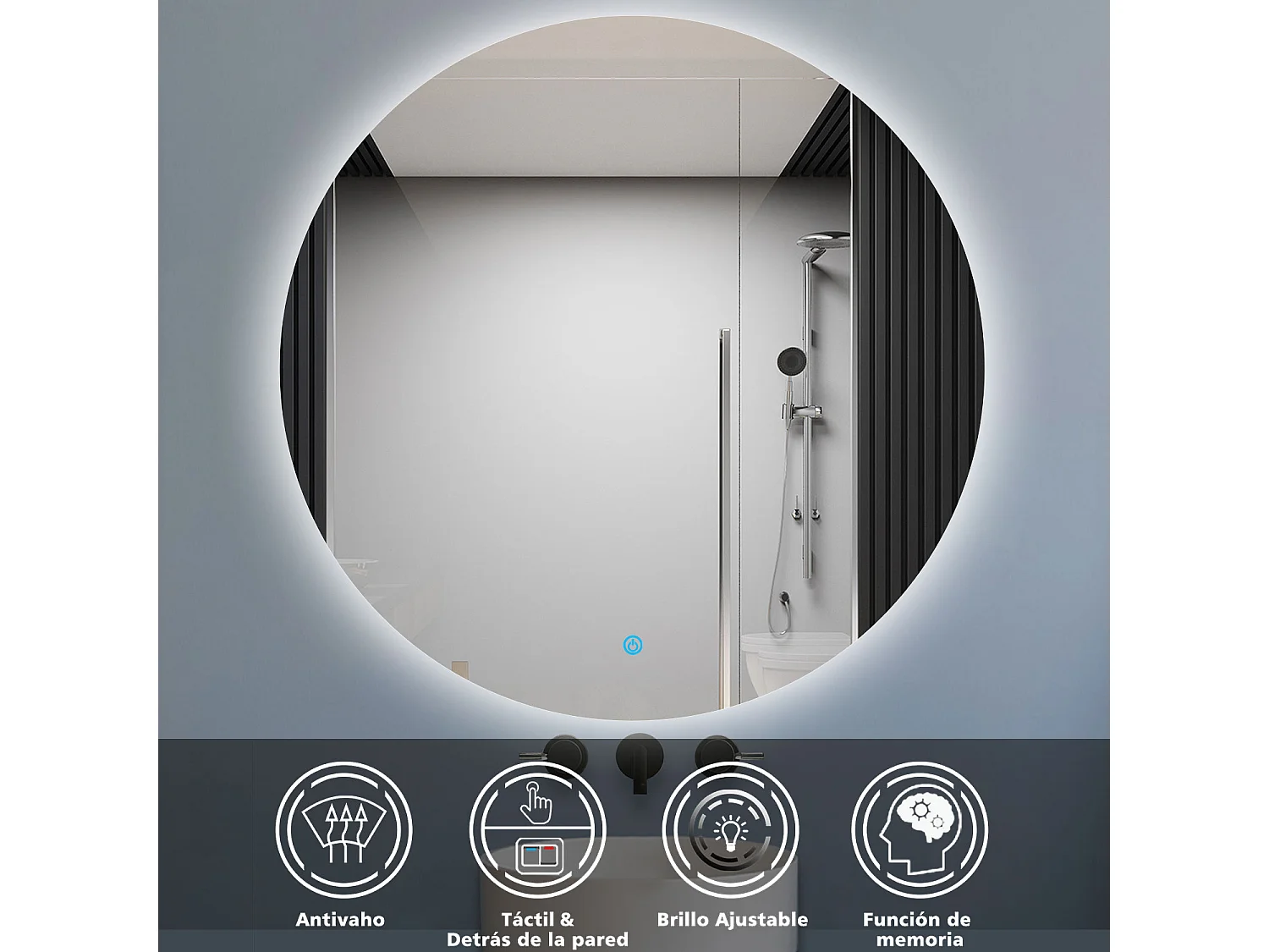 Aica Espejo de baño redondo LED 80×80cm, antivaho, brillo regulable, función memoria