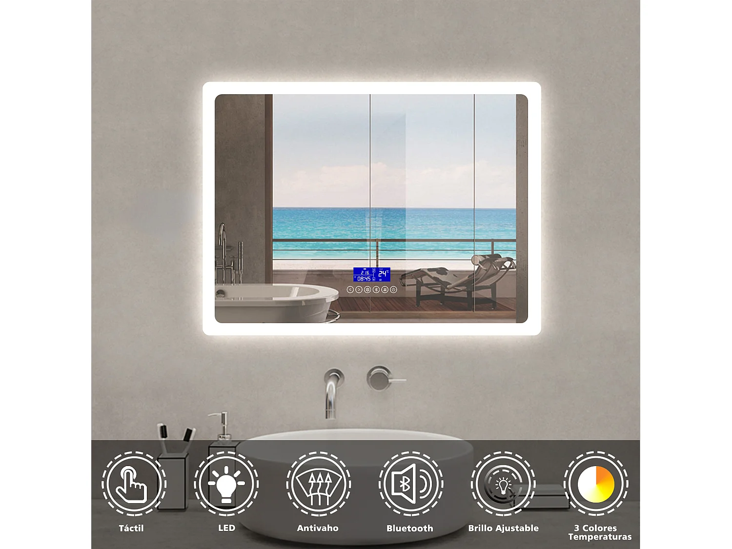 Aica Espejo de baño LED 80×60 cm, Bluetooth, Antivaho