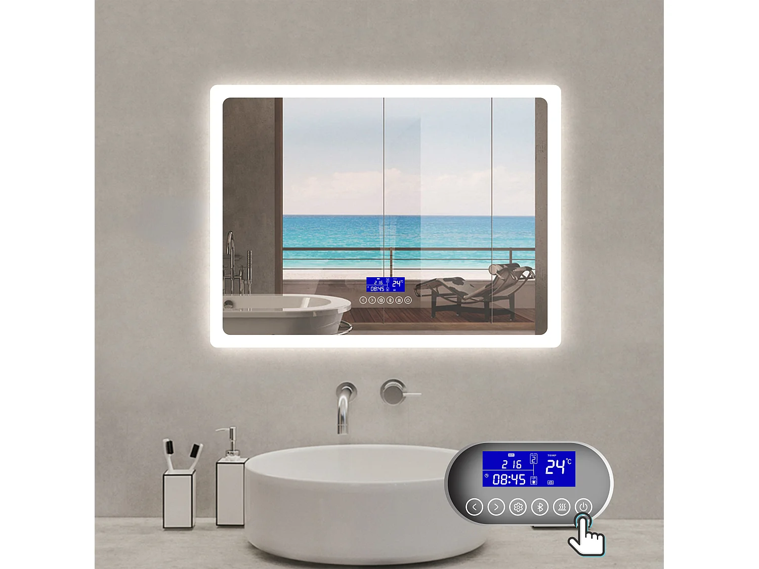 Aica Espejo de baño LED 80×60 cm, Bluetooth, Antivaho