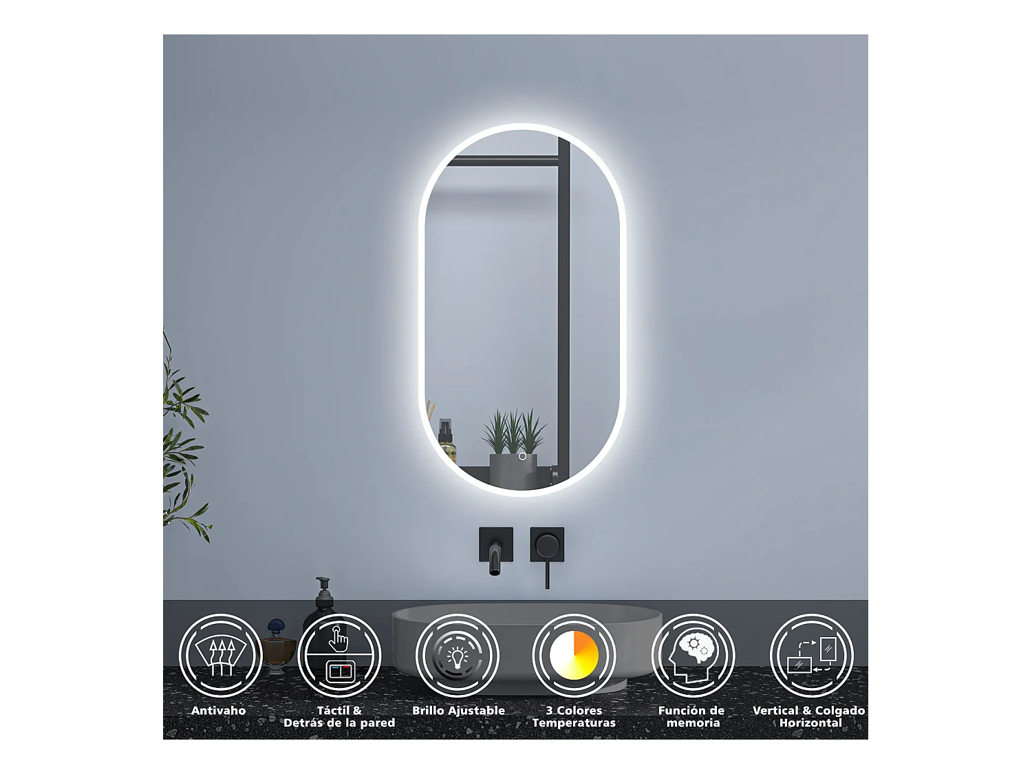 Aica Espejo de baño LED 500 x 1000 mm, ovalado, antivaho, luminosidad regulable