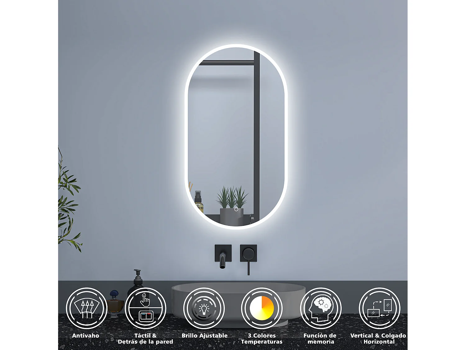 Aica Espejo de baño LED 500 x 1000 mm, ovalado, antivaho, luminosidad regulable