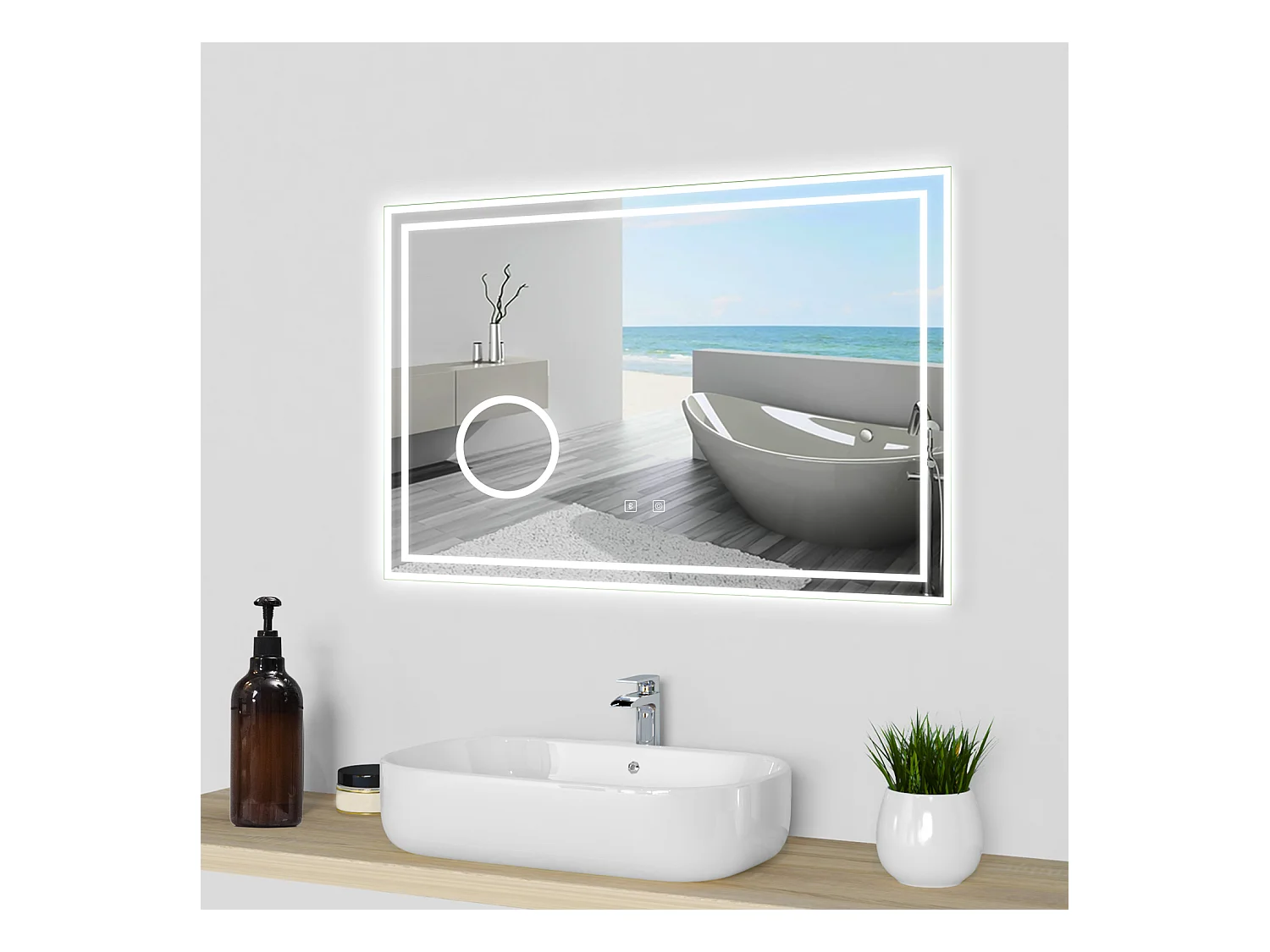 Aica Espejo de baño LED 80×60cm,Bluetooth,3×lupa