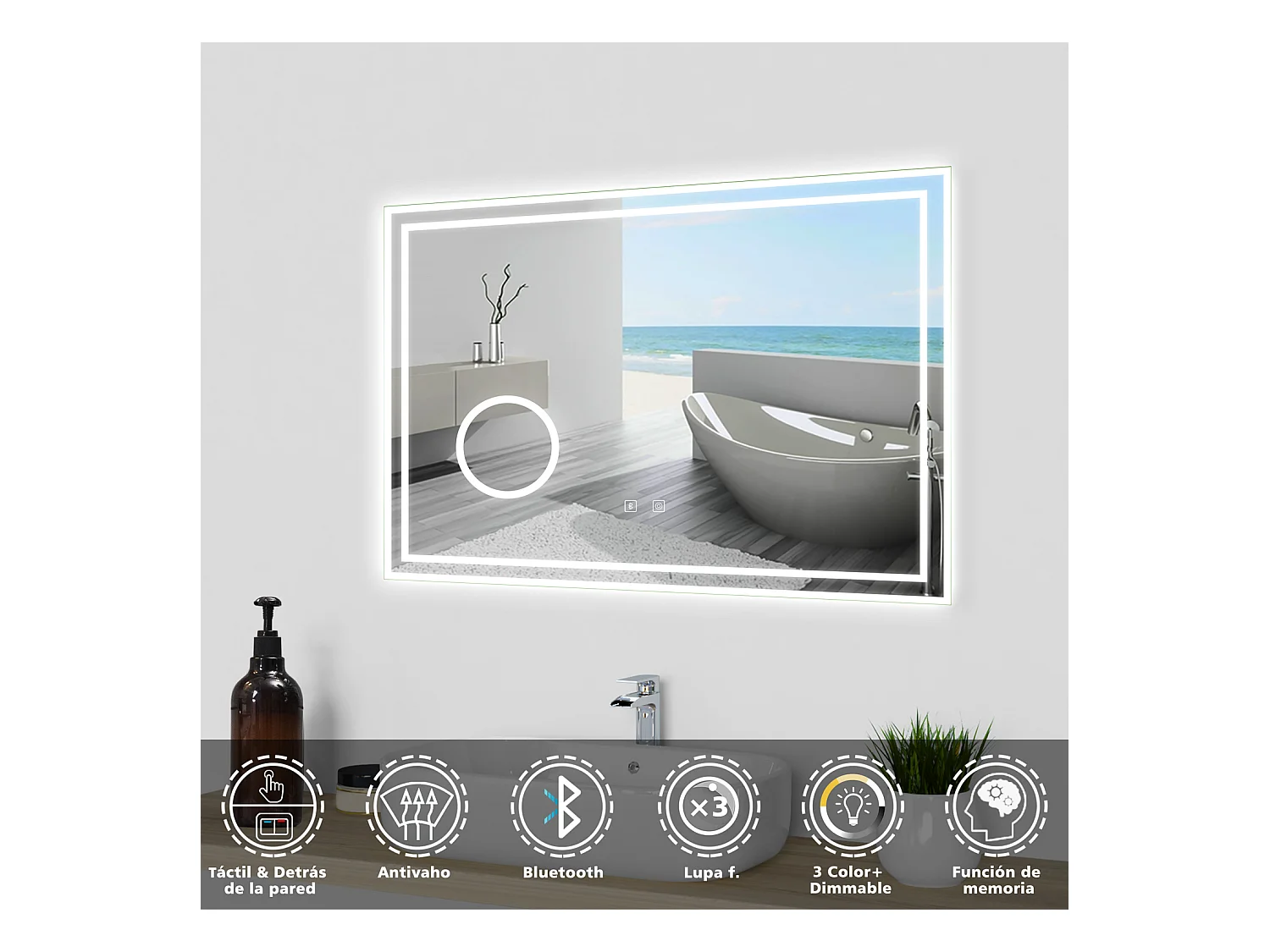 Aica Espejo de baño LED 80×60cm,Bluetooth,3×lupa