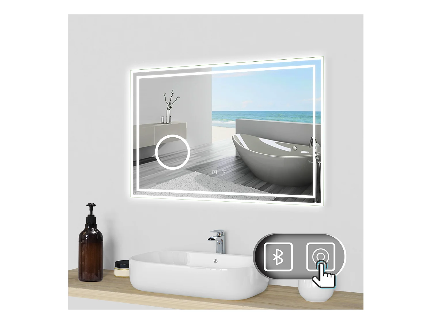 Aica Espejo de baño LED 80×60cm,Bluetooth,3×lupa