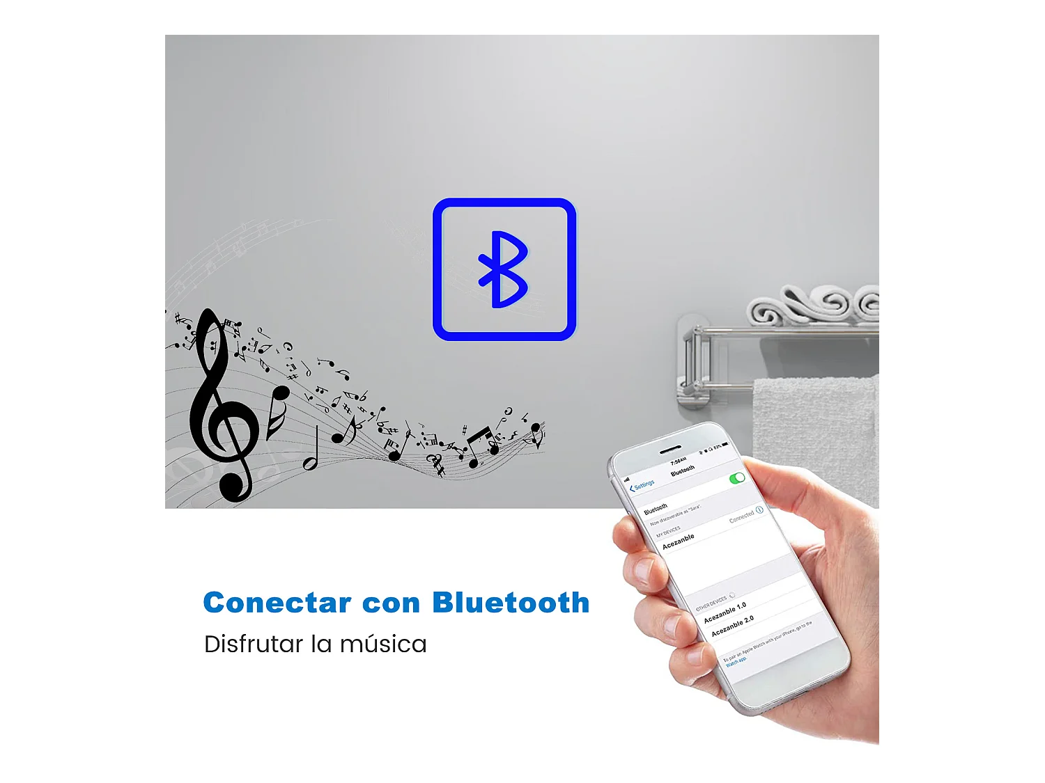 Aica Espejo de baño LED 80×60cm,Bluetooth,3×lupa