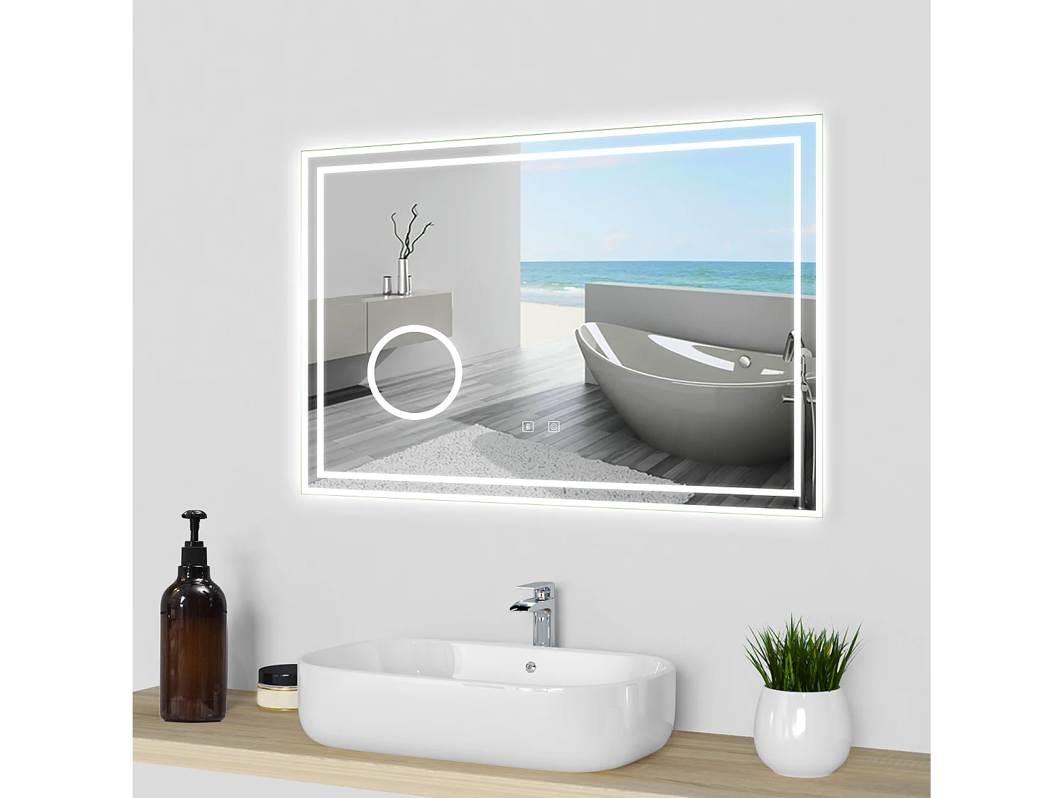 Aica Espejo de baño LED 80×60cm,Bluetooth,3×lupa