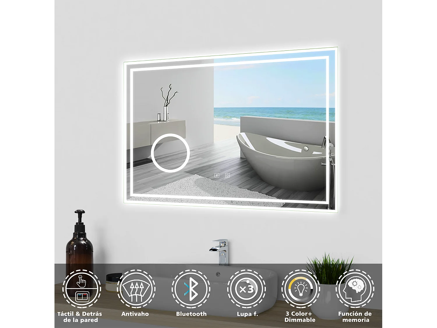 Aica Espejo de baño LED 80×60cm,Bluetooth,3×lupa