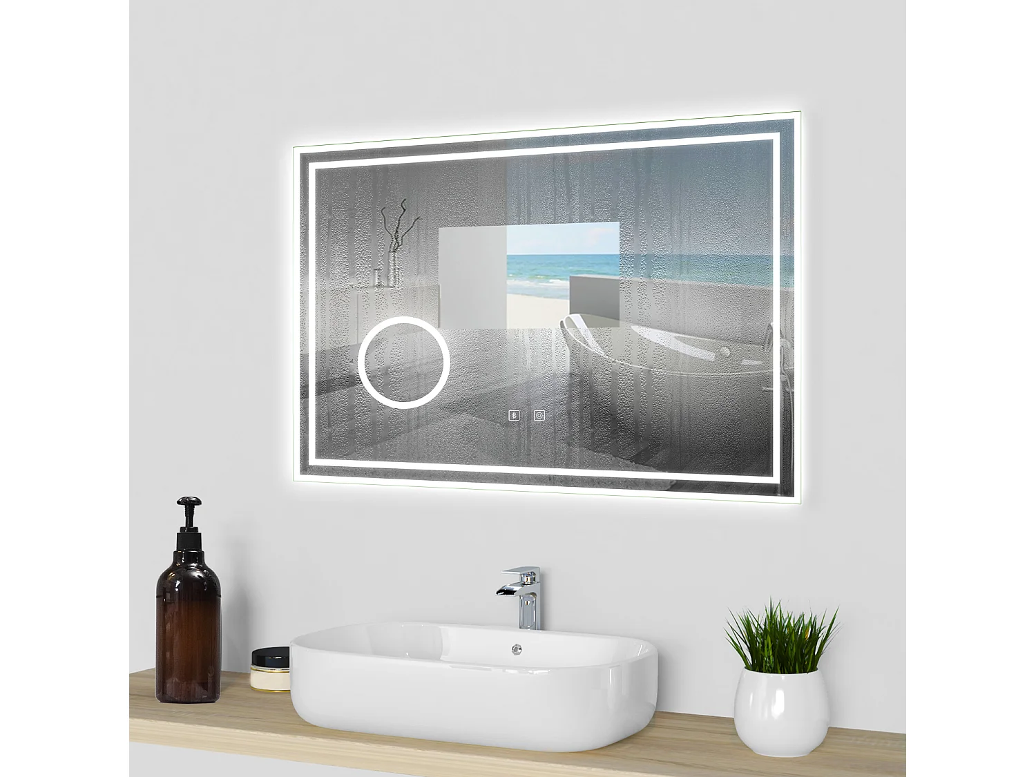 Aica Espejo de baño LED 80×60cm,Bluetooth,3×lupa