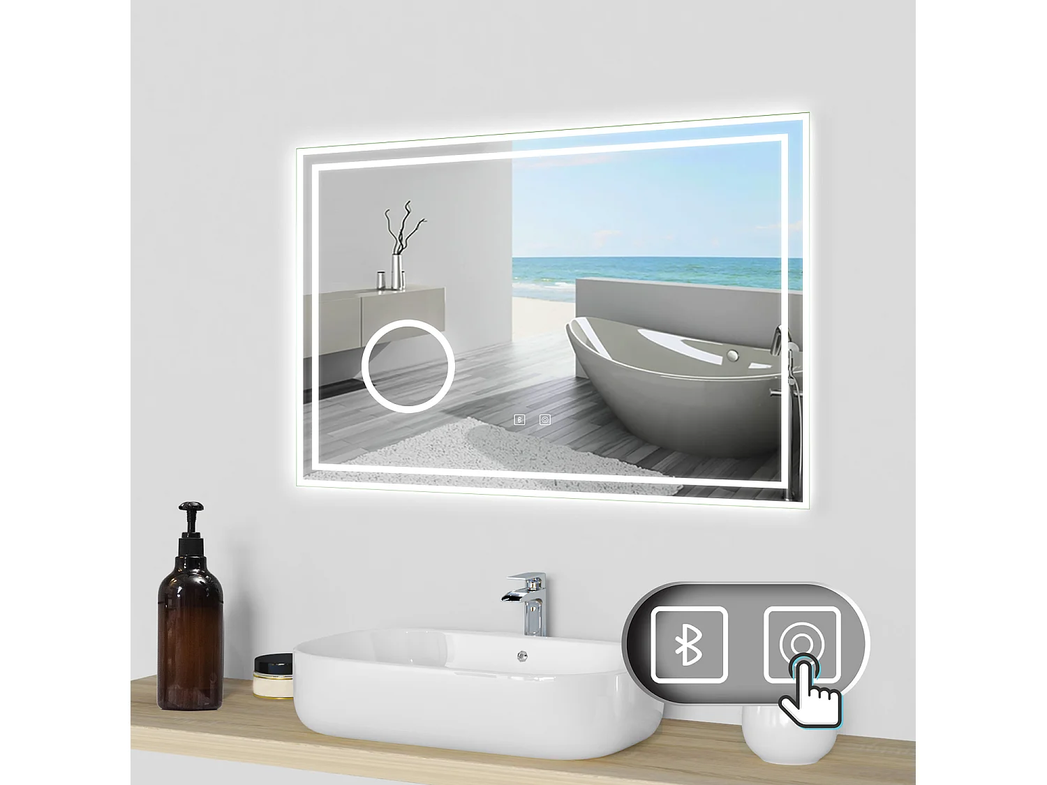 Aica Espejo de baño LED 80×60cm,Bluetooth,3×lupa