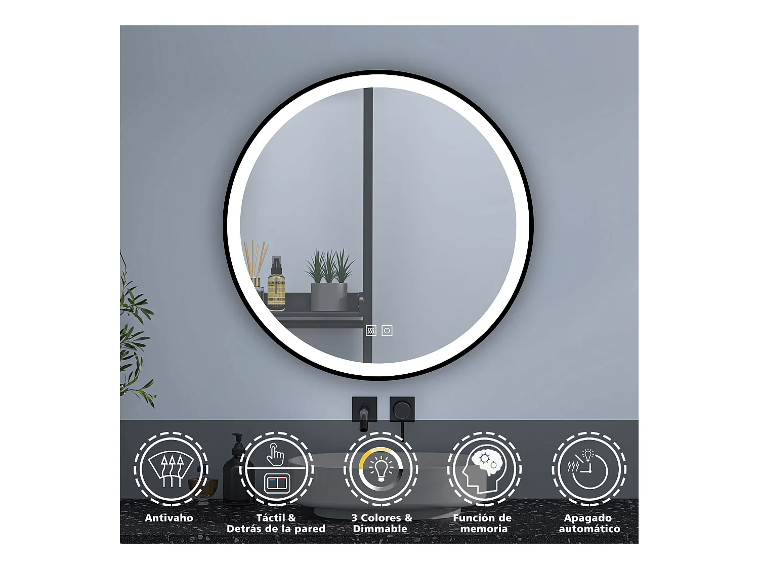 Aica Espejo de baño redondo LED 70cm con marco, antivaho, luminosidad regulable
