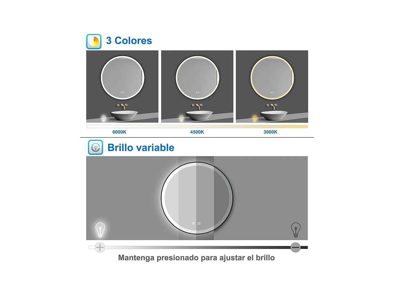 Aica Espejo de baño redondo LED 70cm con marco, antivaho, luminosidad regulable