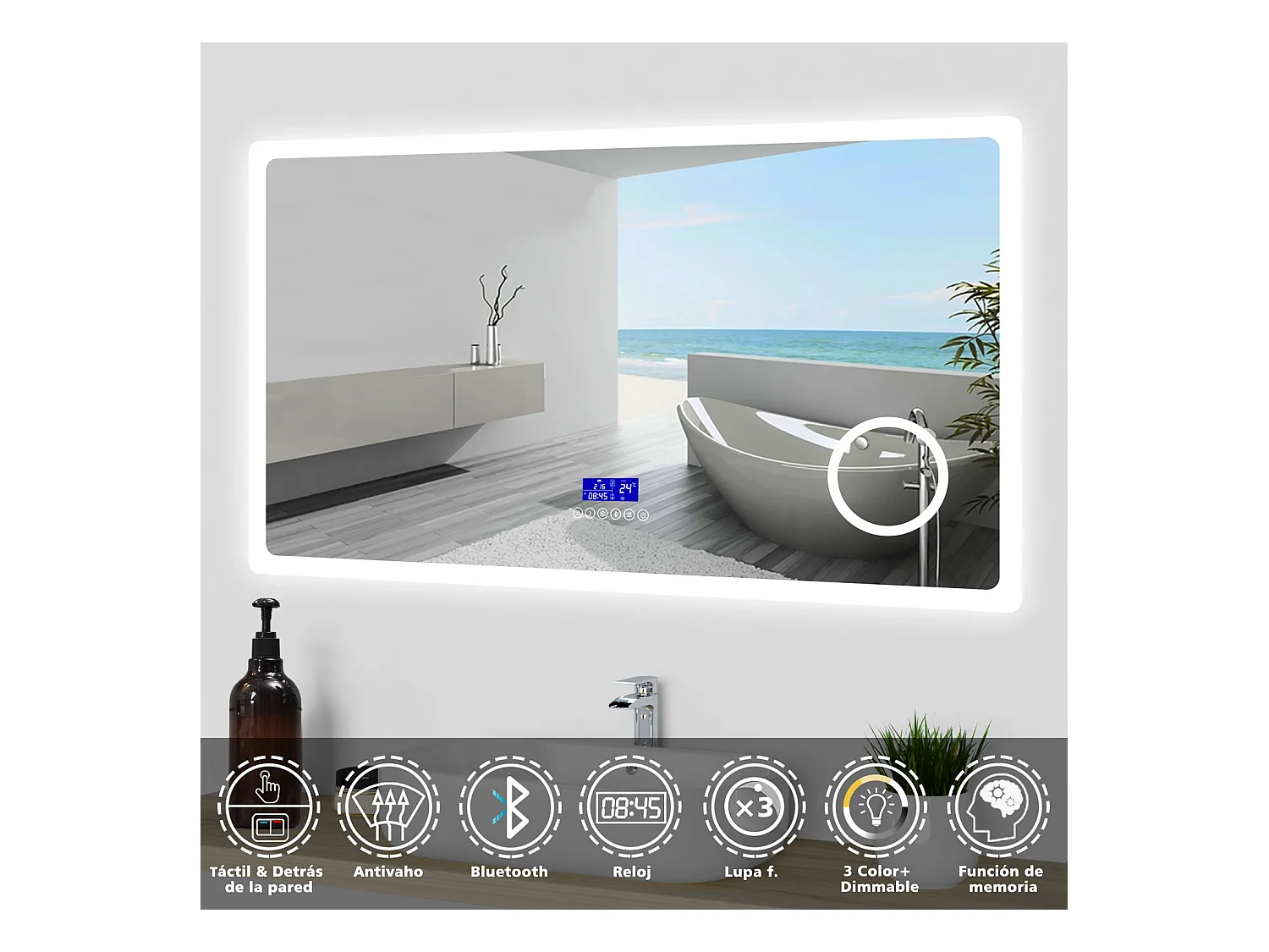 Aica Espejo de baño LED 100×60cm,Bluetooth,Lupa