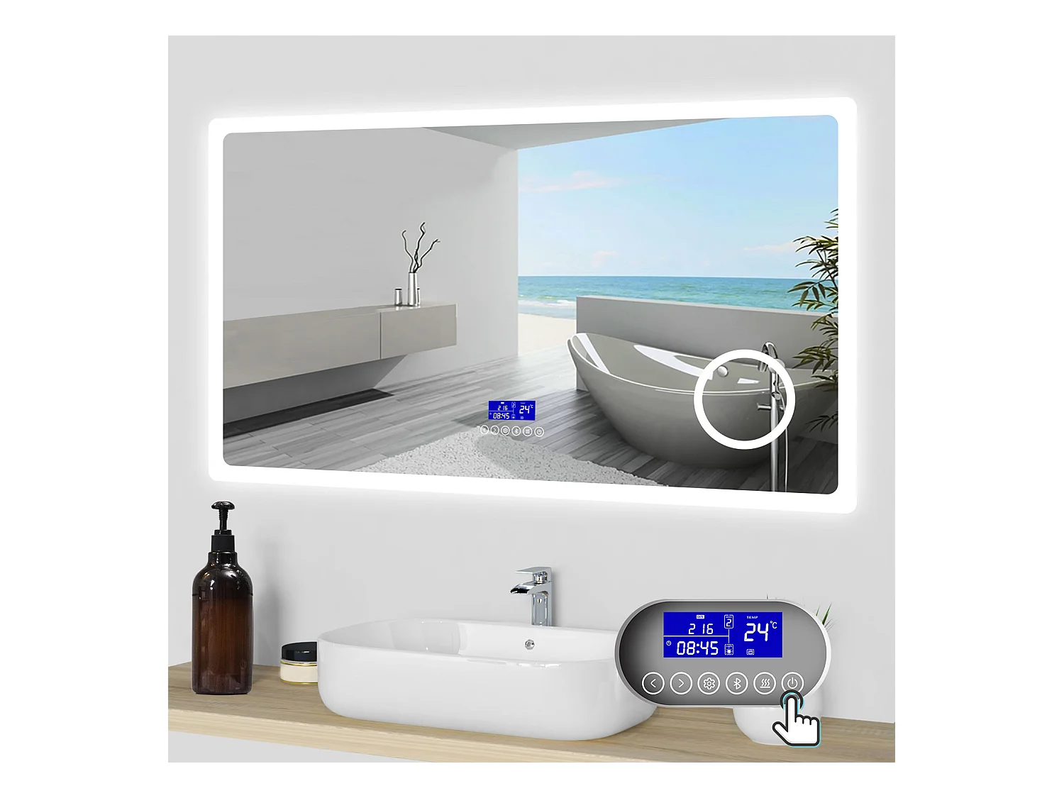 Aica Espejo de baño LED 100×60cm,Bluetooth,Lupa