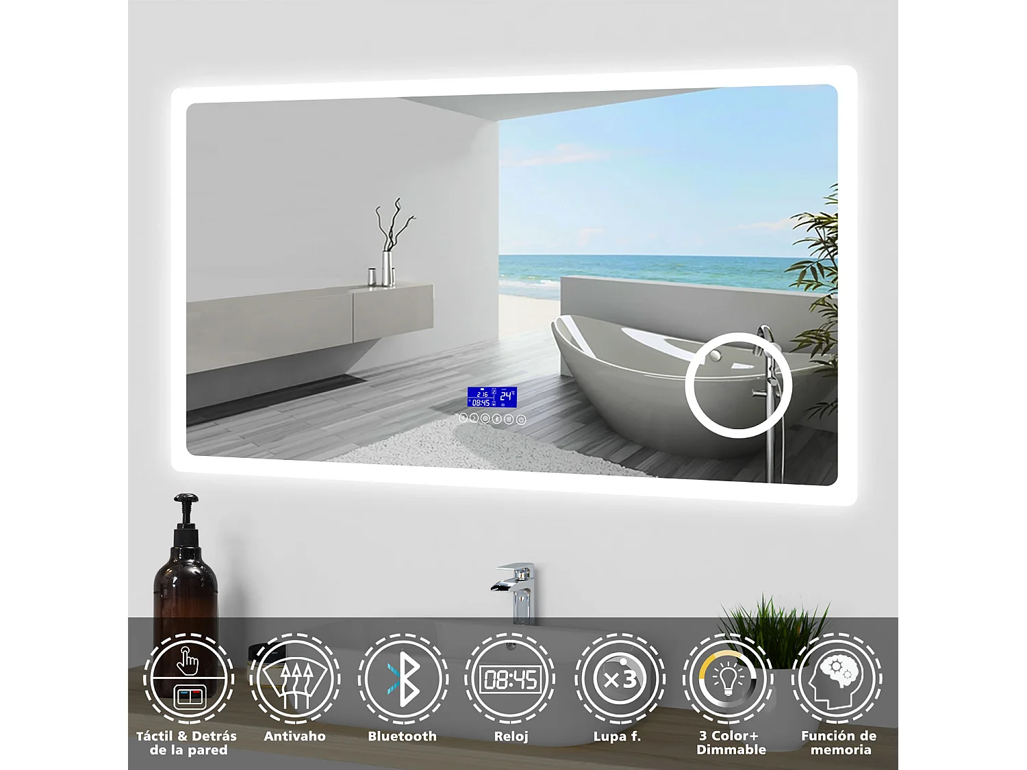 Aica Espejo de baño LED 100×60cm,Bluetooth,Lupa