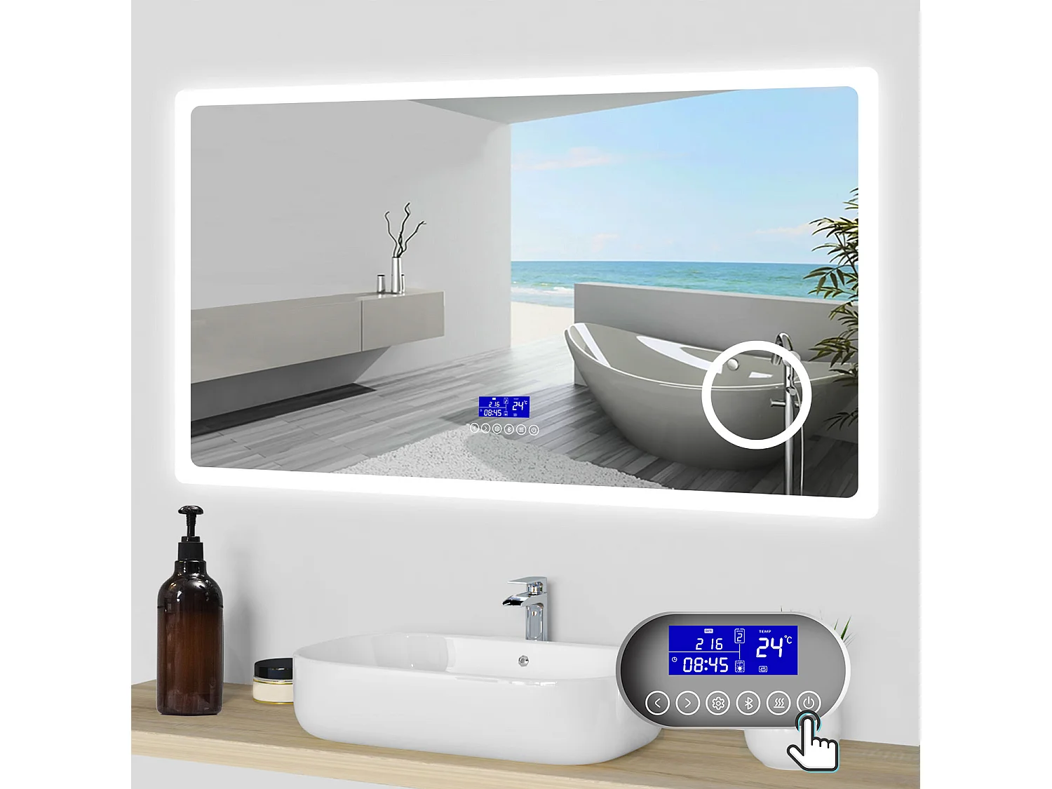 Aica Espejo de baño LED 100×60cm,Bluetooth,Lupa