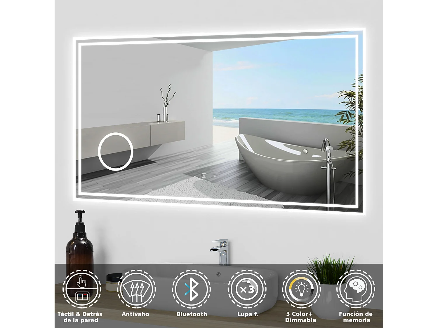 Aica Espejo de baño LED 140×80cm,Bluetooth,3×lupa