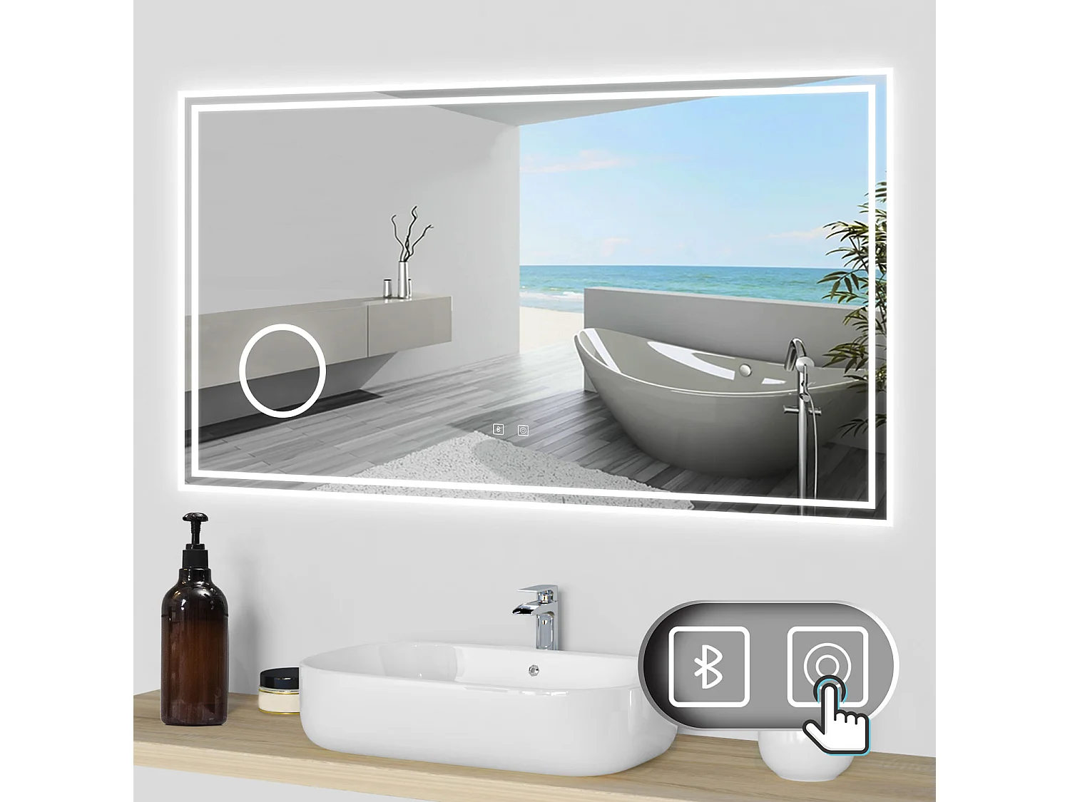 Aica Espejo de baño LED 140×80cm,Bluetooth,3×lupa