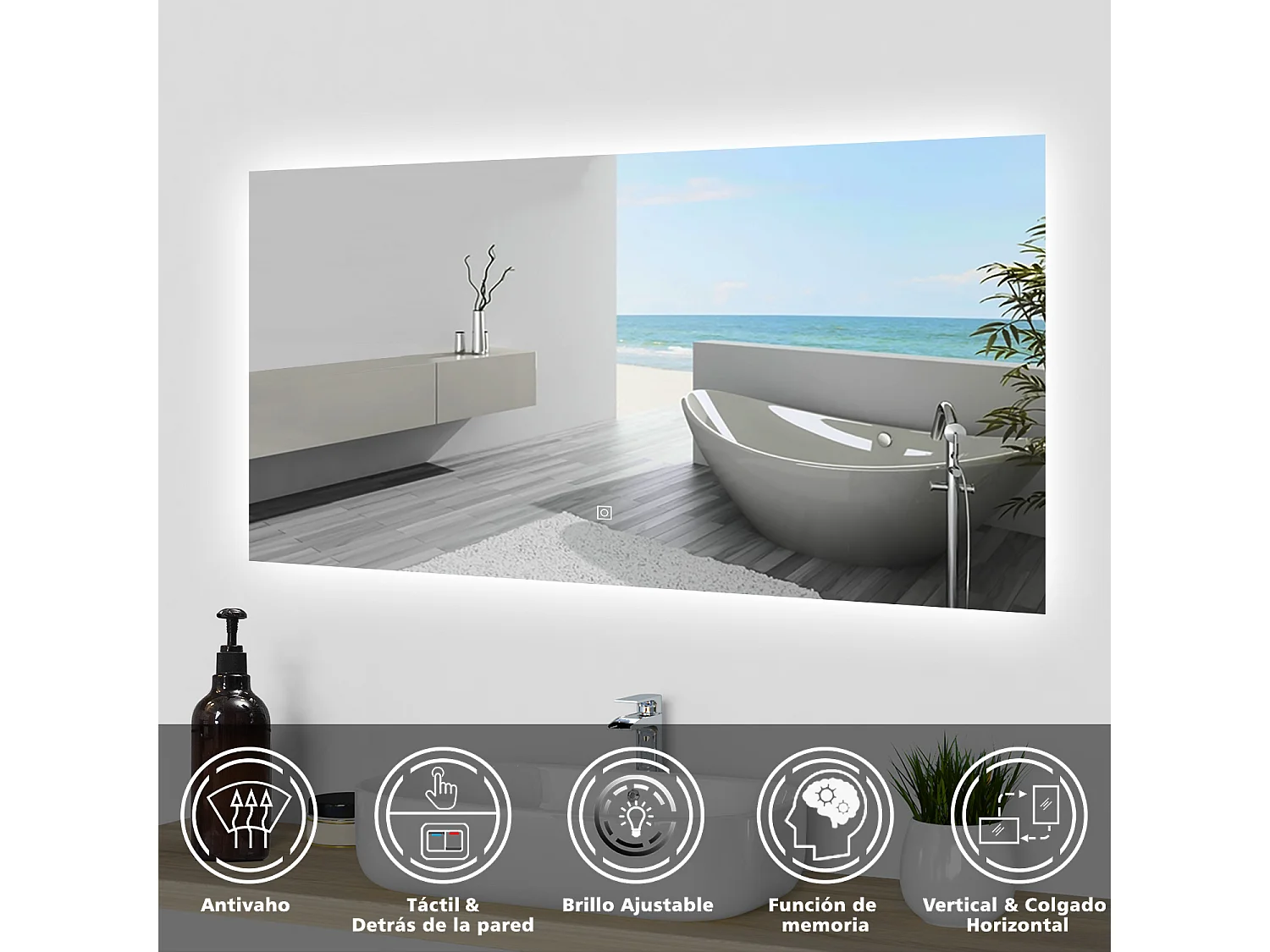 Aica Espejo de baño LED 100 x 60 cm, antivaho, brillo regulable, función memoria