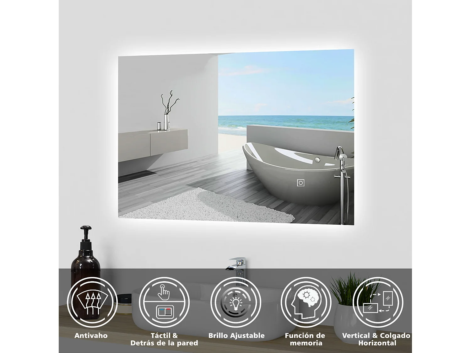 Aica Espejo de baño LED 70 x 50 cm, antivaho, brillo regulable, función memoria