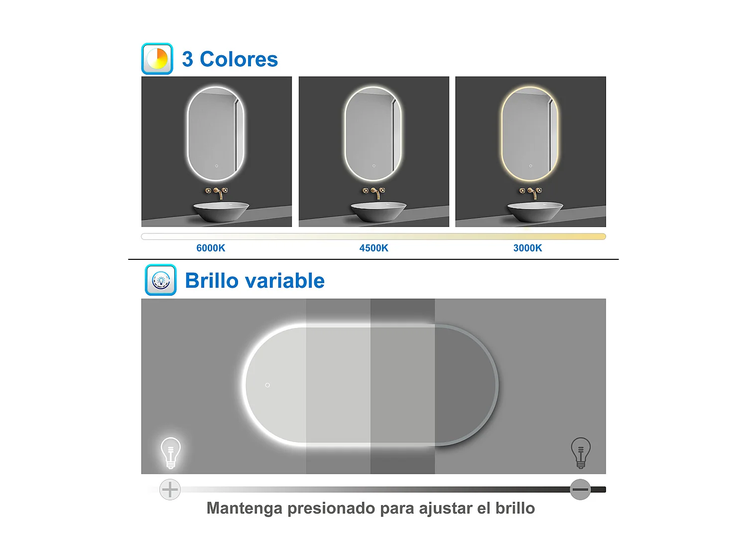 Aica Espejo de baño LED 450 x 750 mm, ovalado, antivaho, luminosidad regulable