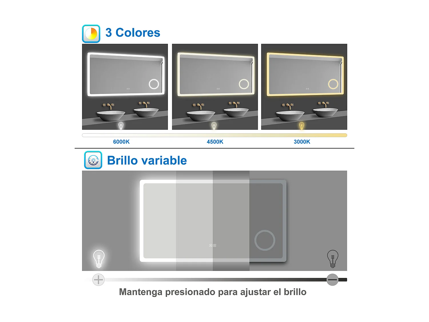 Aica Espejo de baño LED 80×60cm,Bluetooth,Espejo de aumento