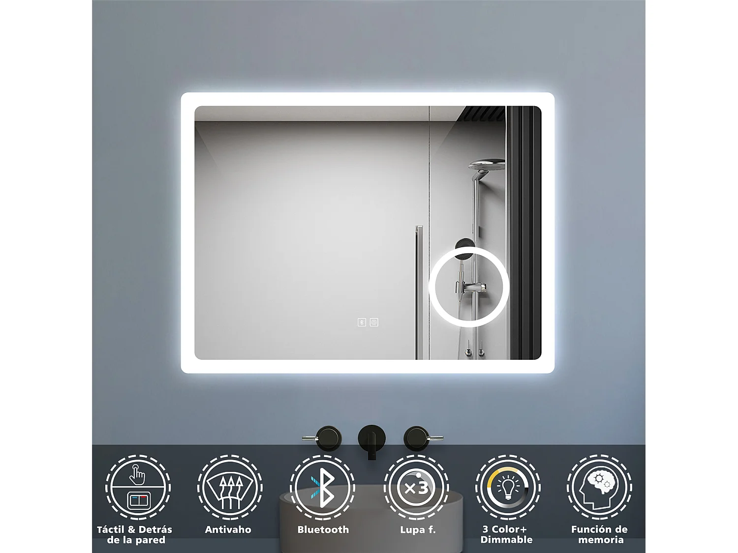 Aica Espejo de baño LED 80×60cm,Bluetooth,Espejo de aumento