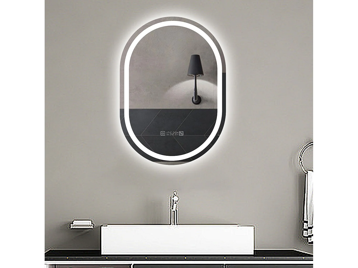 Aica Espejo de baño LED 60×80cm,reloj,antivaho,luminosidad regulable,ovalado