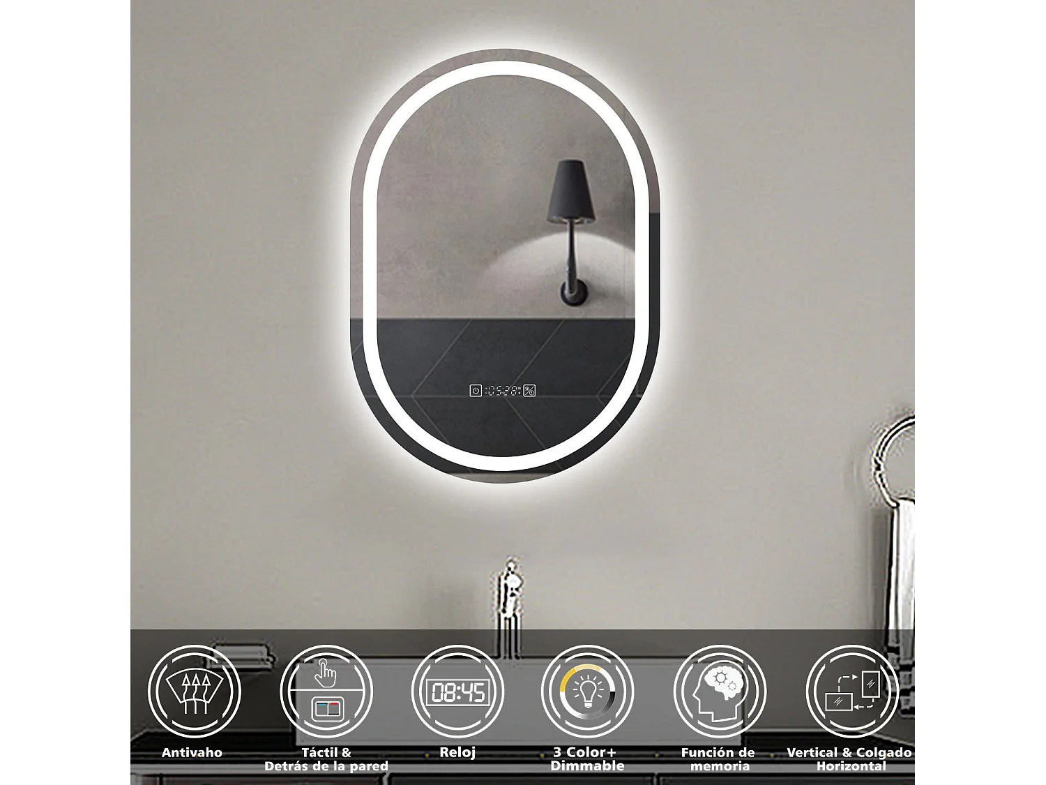Aica Espejo de baño LED 60×80cm,reloj,antivaho,luminosidad regulable,ovalado