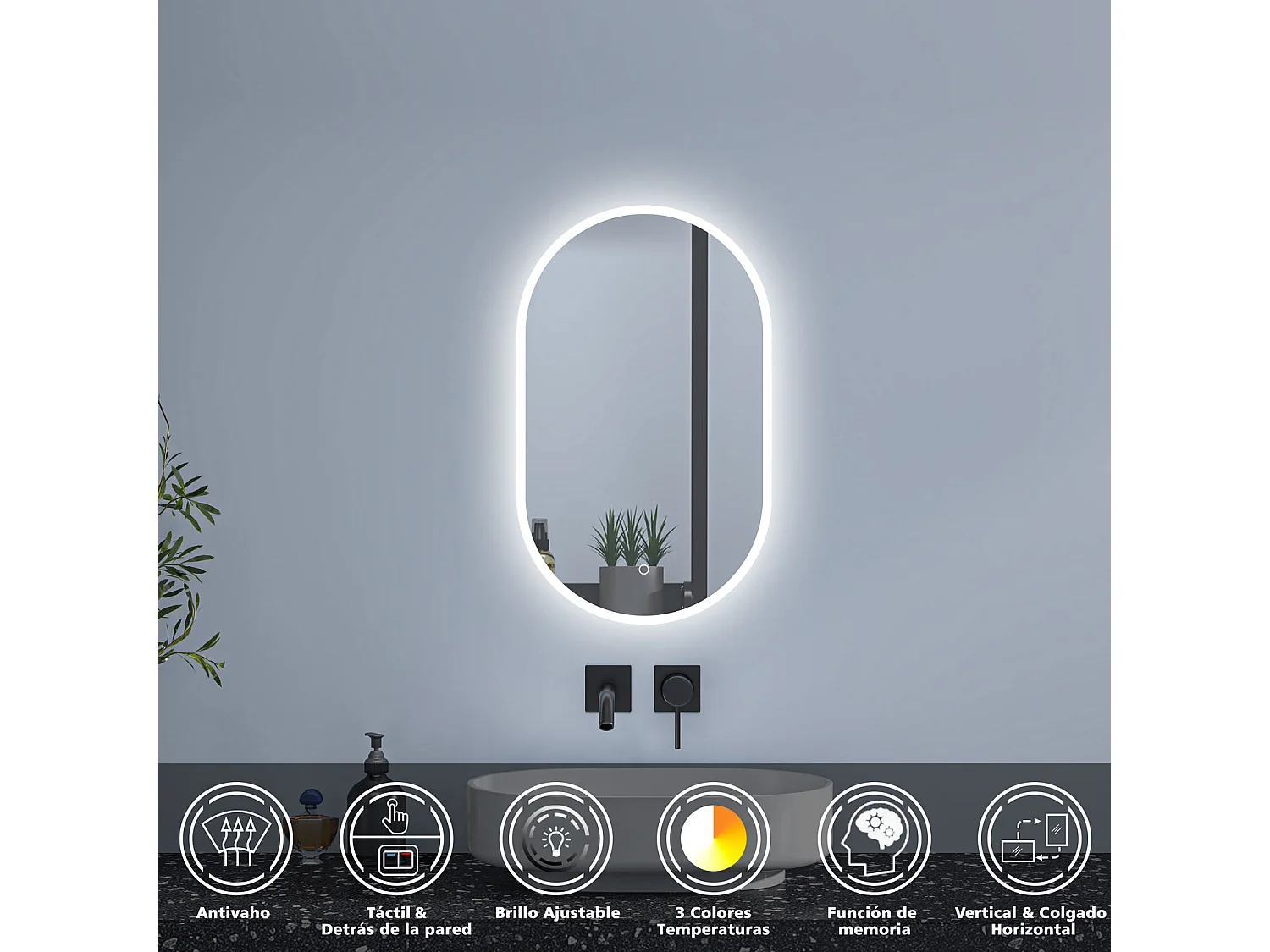 Aica Espejo de baño LED 450 x 900 mm, ovalado, antivaho, luminosidad regulable