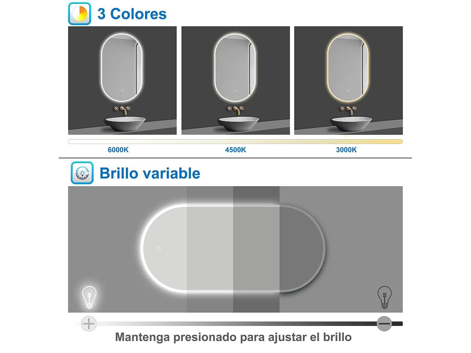 Aica Espejo de baño LED 450 x 900 mm, ovalado, antivaho, luminosidad regulable