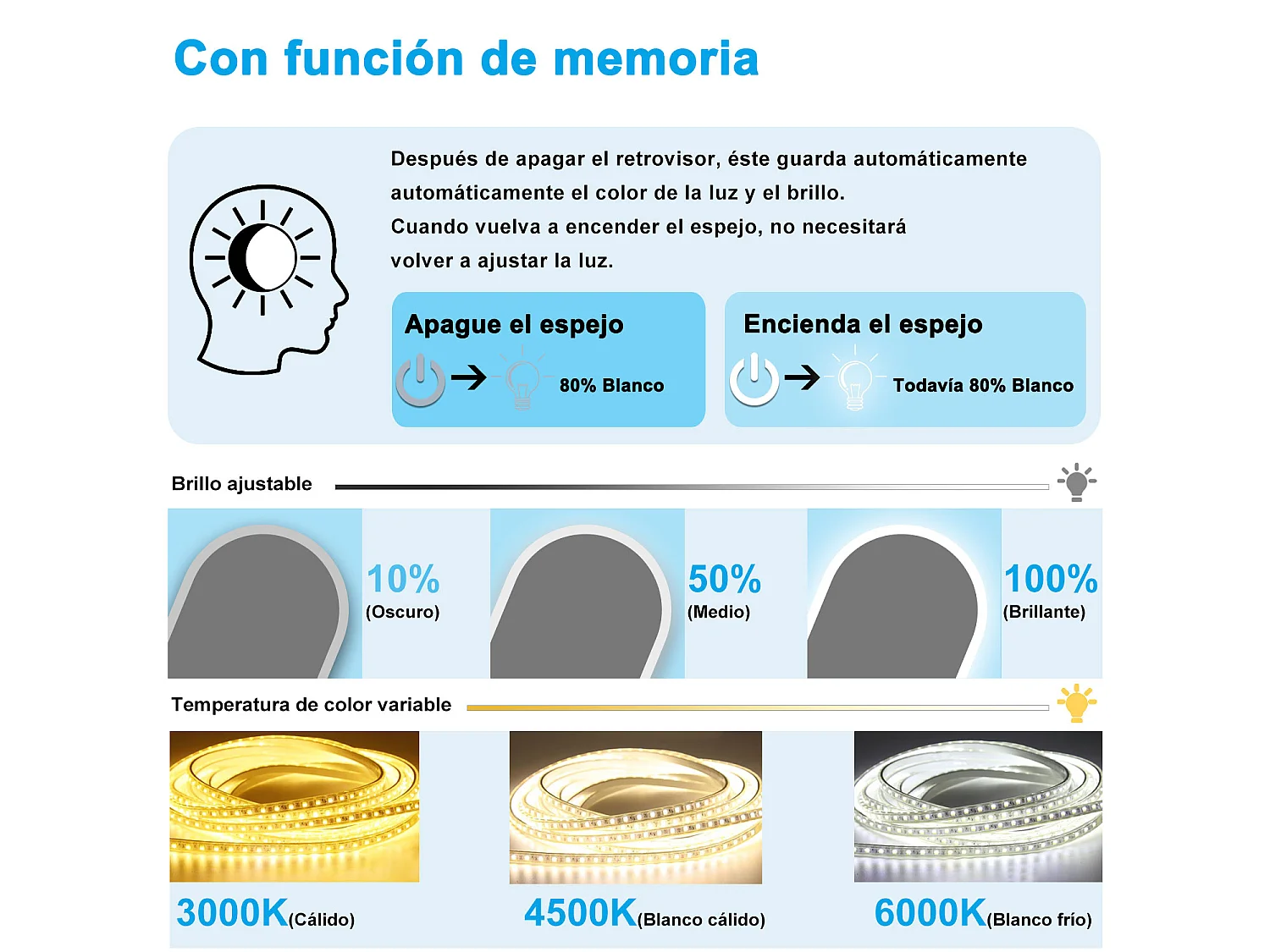 Aica Espejo de baño LED 450 x 900 mm, ovalado, antivaho, luminosidad regulable